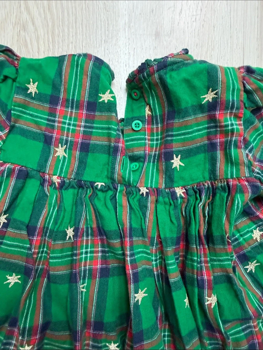 Mini Boden Green Plaid Long-Sleeve Dress with Gold Stars
